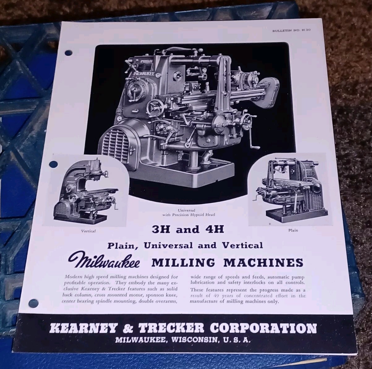 KEARNEY TRECKER MILWAUKEE 3h 4h Plain Milling Machines CATALOG FLYER BULLETIN
