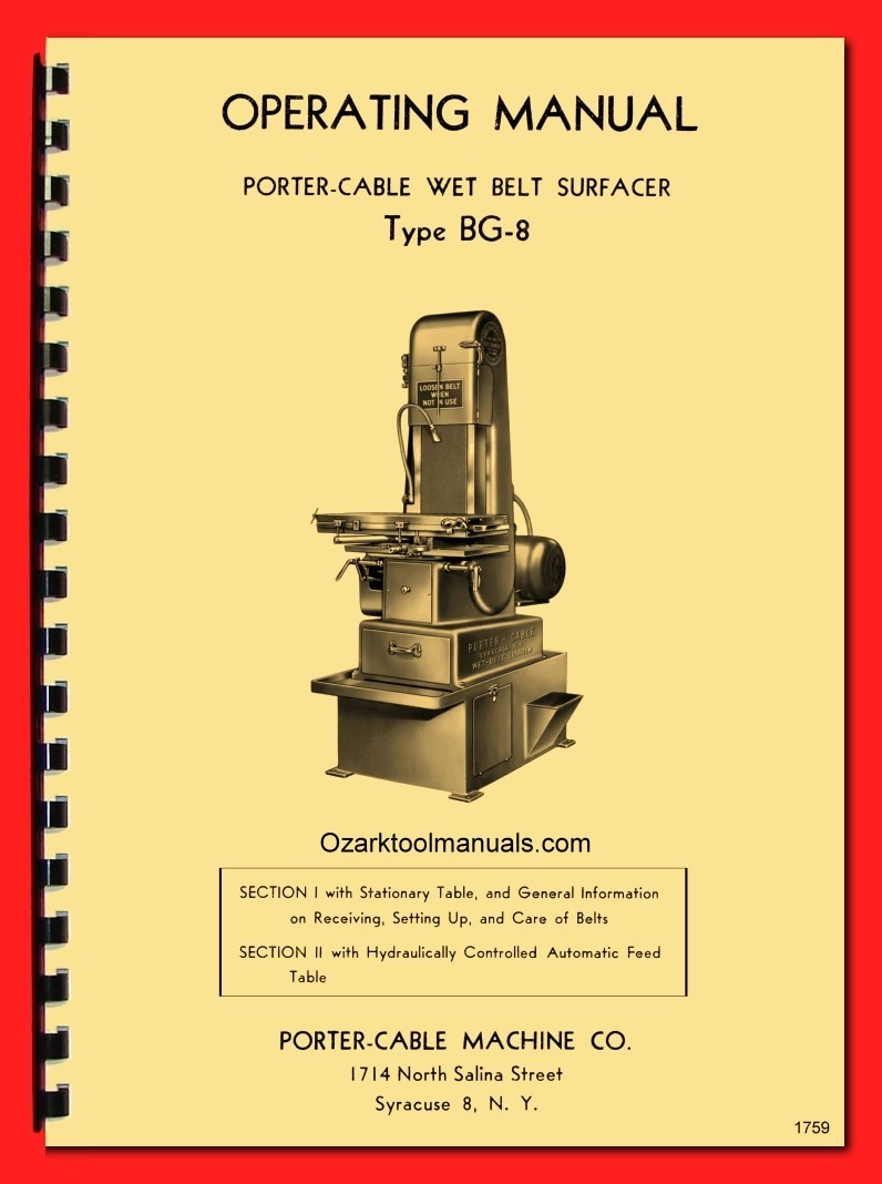 Porter-Cable Wet Belt Sander/Surfacer BG-8 Operating Instructions Manual 1759