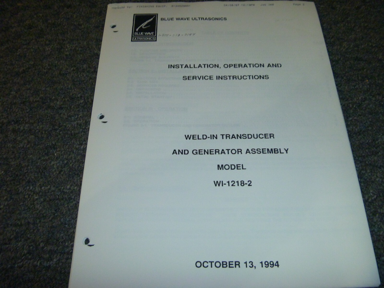 Blue Wave WI-1218-2 Weld-In Transducer & Generator Assembly Operator Manual xz
