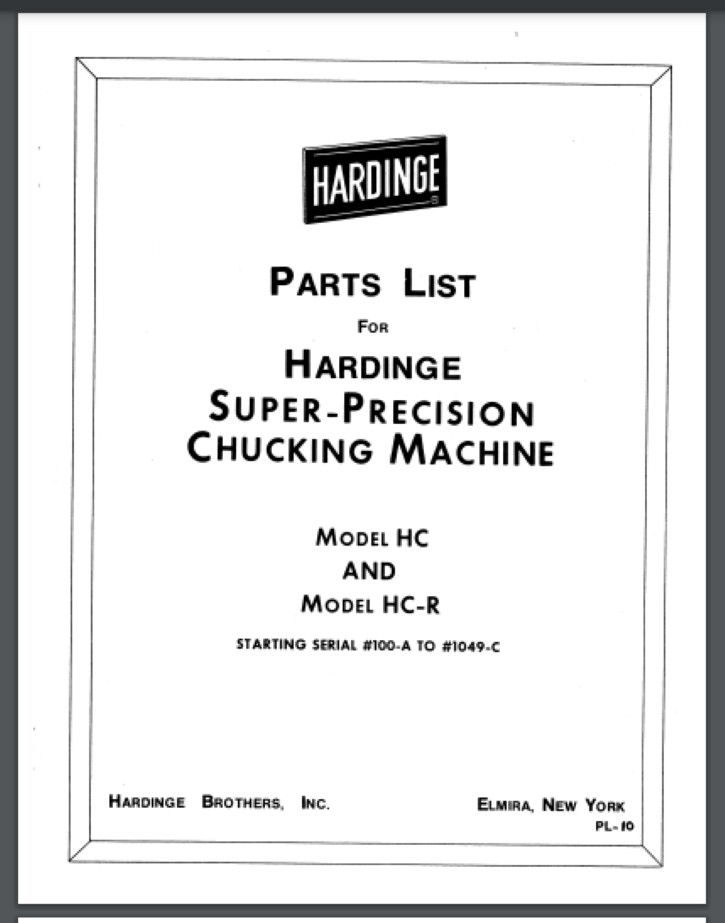 Hardinge lathe Model HC HC-R Chucker Parts LIST MANUAL 62 pages comb bound
