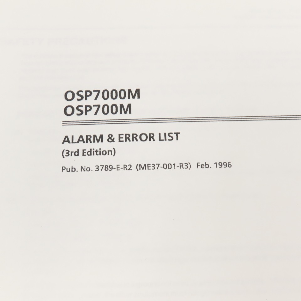 Okuma OSP7000M OSP700M 3789-E-R2 Alarm & Error Lost Manual 3rd Edition