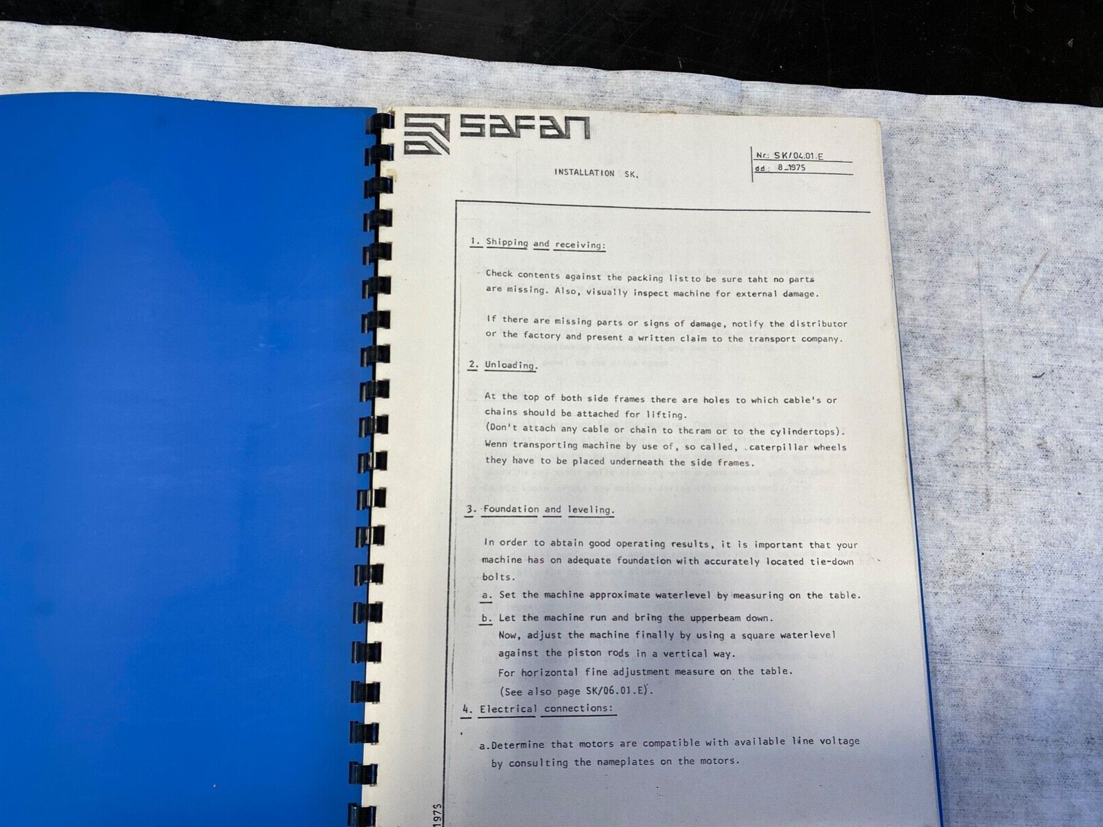 Safan Press SK Operation, Installation, Operation & Parts Manual from 1975