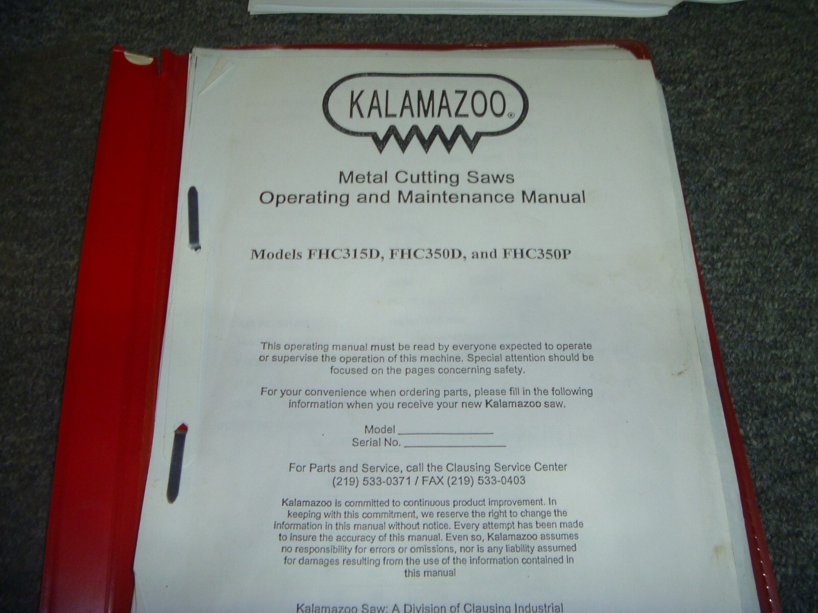 Kalamazoo FHC315D FHC350D Metal Cutting Saw Owner Operator Maintenance Manual