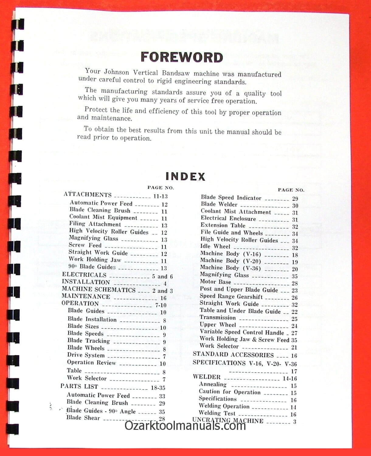KYSOR JOHNSON V-16 V-20 V-36 Vertical Band Saw Instructions Parts Manual 0972