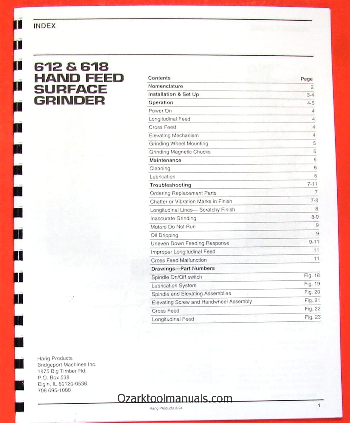 HARIG 612 & 618 Manual Hand Feed Surface Grinder Owner Service Parts Manual 0347