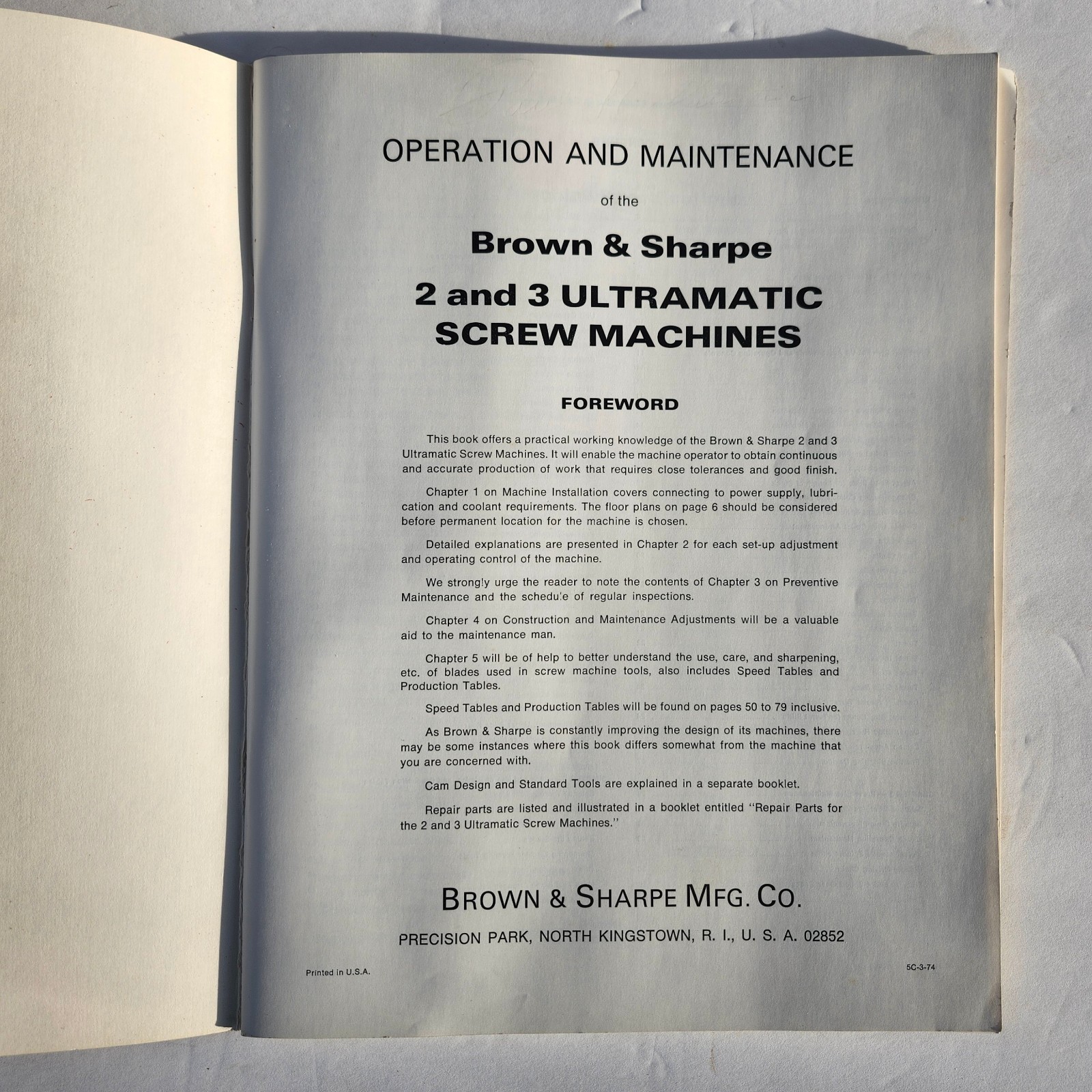 Brown & Sharpe 2 & 3 Ultramatic Screw Machine Operation & Maintenance Manual