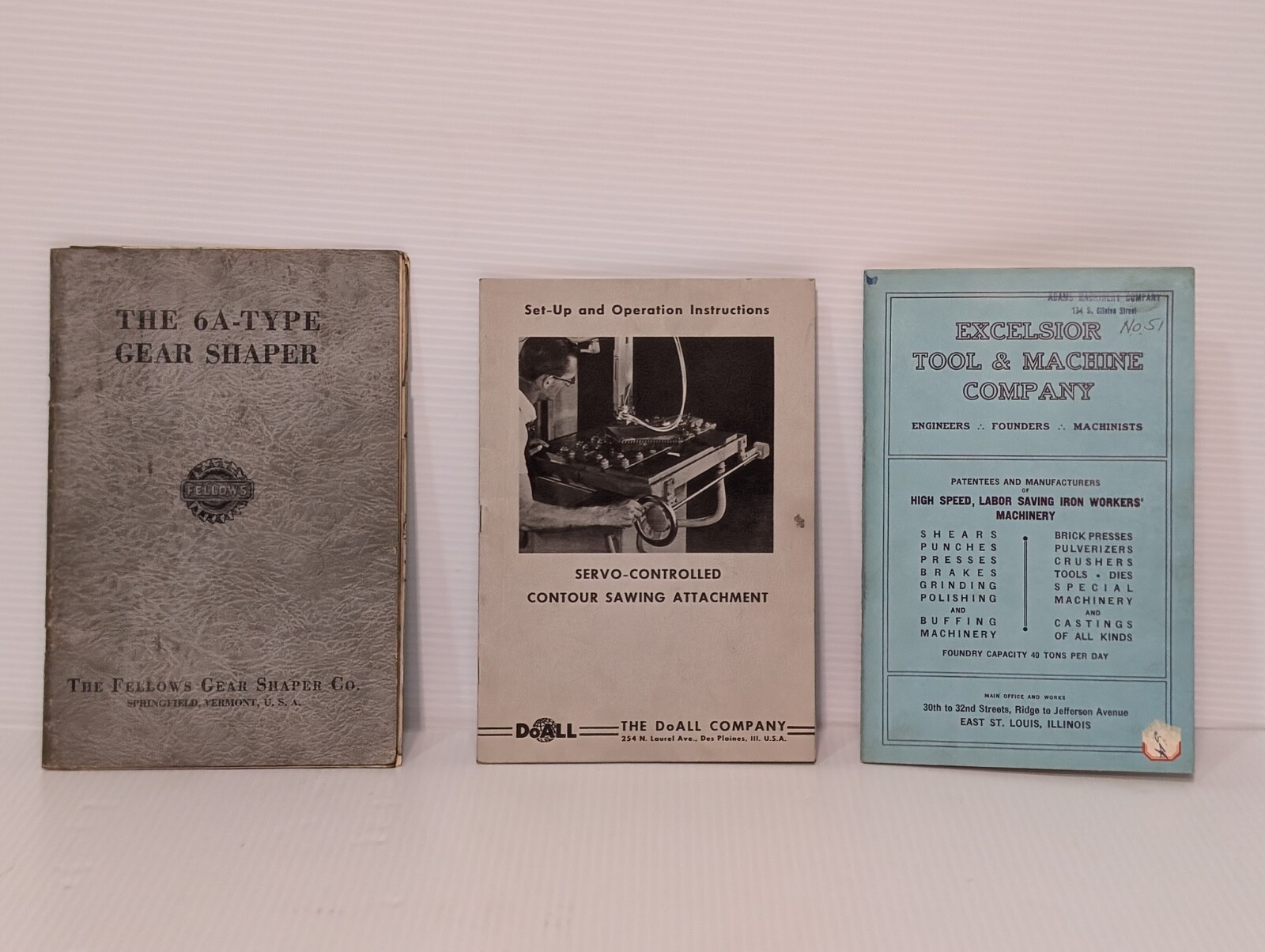 Lot of 3 Vintage Assorted Machine Manuals: DoALL, Fellows, & Excelsior, as shown