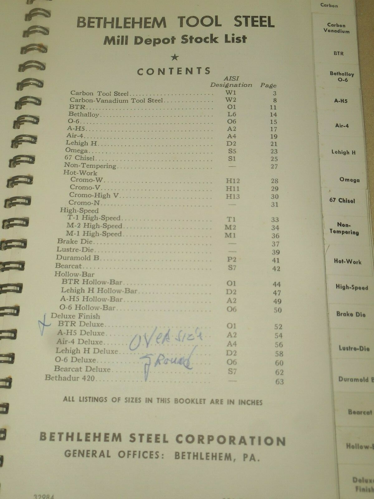BETHLEHEM STEEL Tool Steel Mill Depot Stock List 1973 Salesman Catalog Data Spec