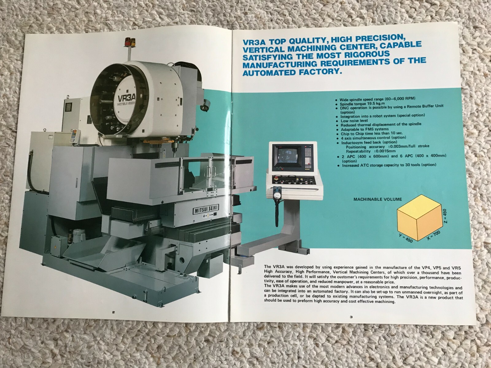 MITSUI SEIKI VR-3A CNC VERTICAL MACHINING CENTER SALES CATALOG