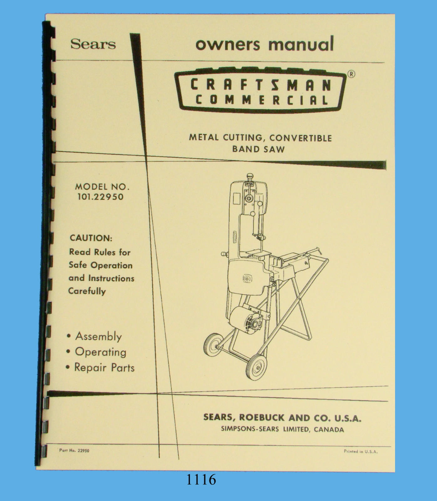 Sears Craftsman 12″ Metal Bandsaw 101.22950 Operating & Parts Manual *1116