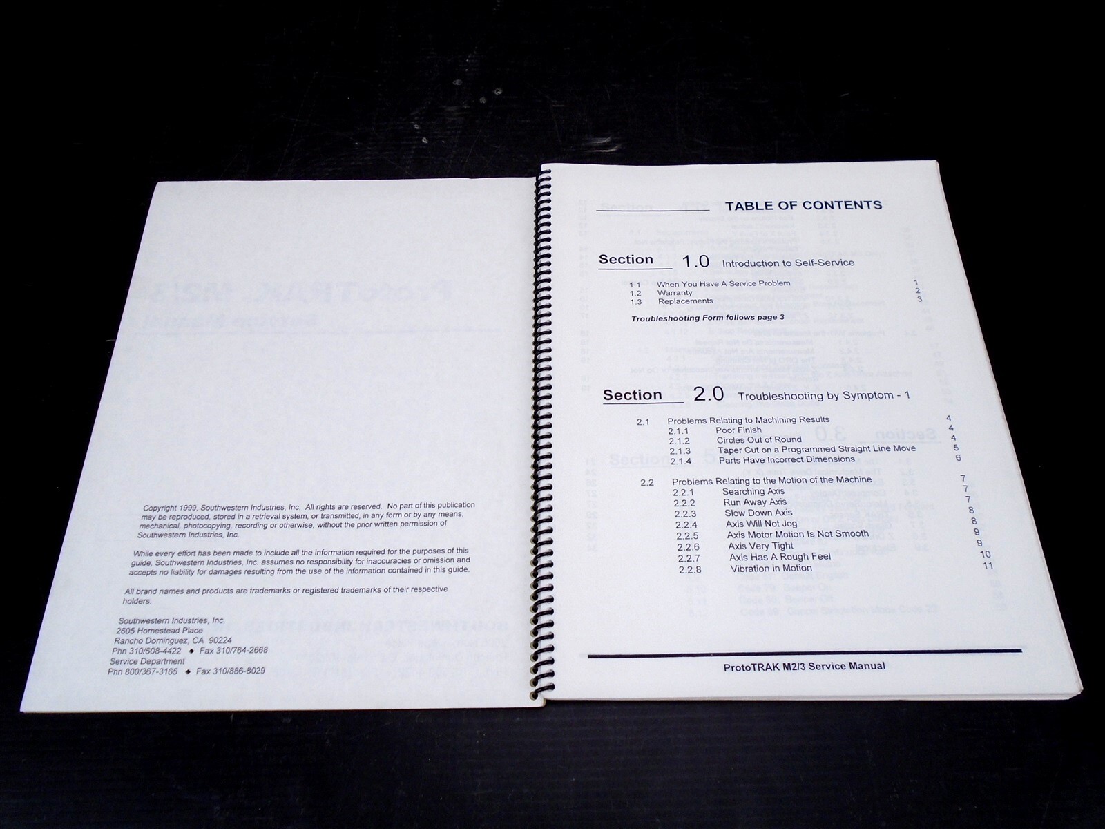 SOUTHWESTERN INDUSTRIES INC. – ProtoTRAK M2/3 SERVICE MANUAL – P/N 20301 – 1999