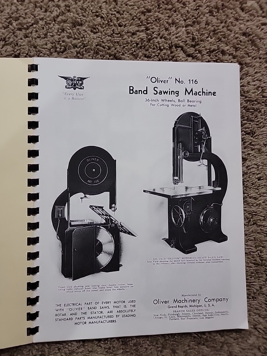 OLIVER No. 116 36″ Band Saw Owner Operating Instructions and Parts Manual