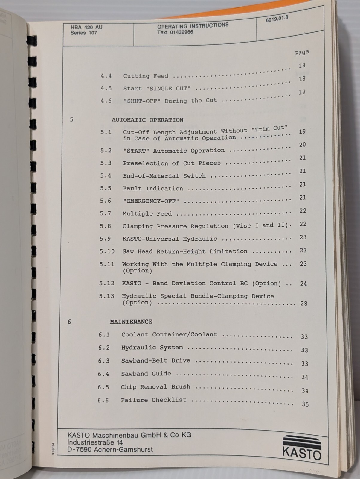 Vintage Kasto HBA-420-AU Series 107 CNC Bandsaw Operating Instructions Manual