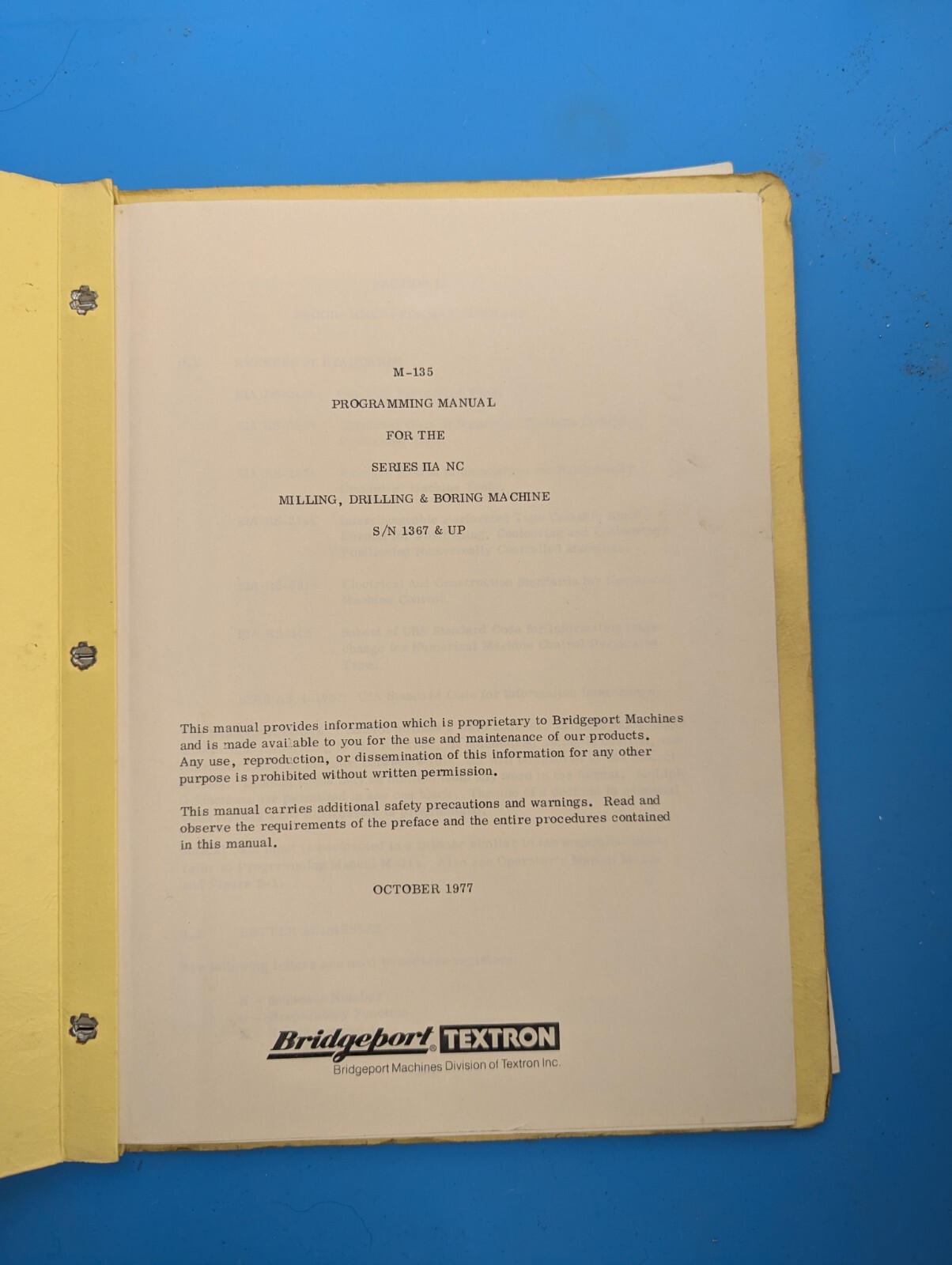 Bridgeport M-135 Programming Manual For Series IIA NC (S/N 1367 & Up)