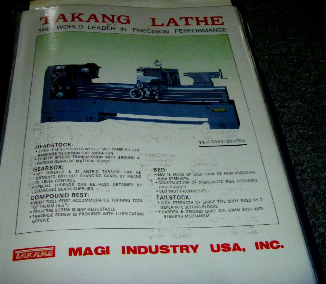 Takang Supreme TK 30×160 ‘A’ Lathe Owner Operator Manual User Guide xz