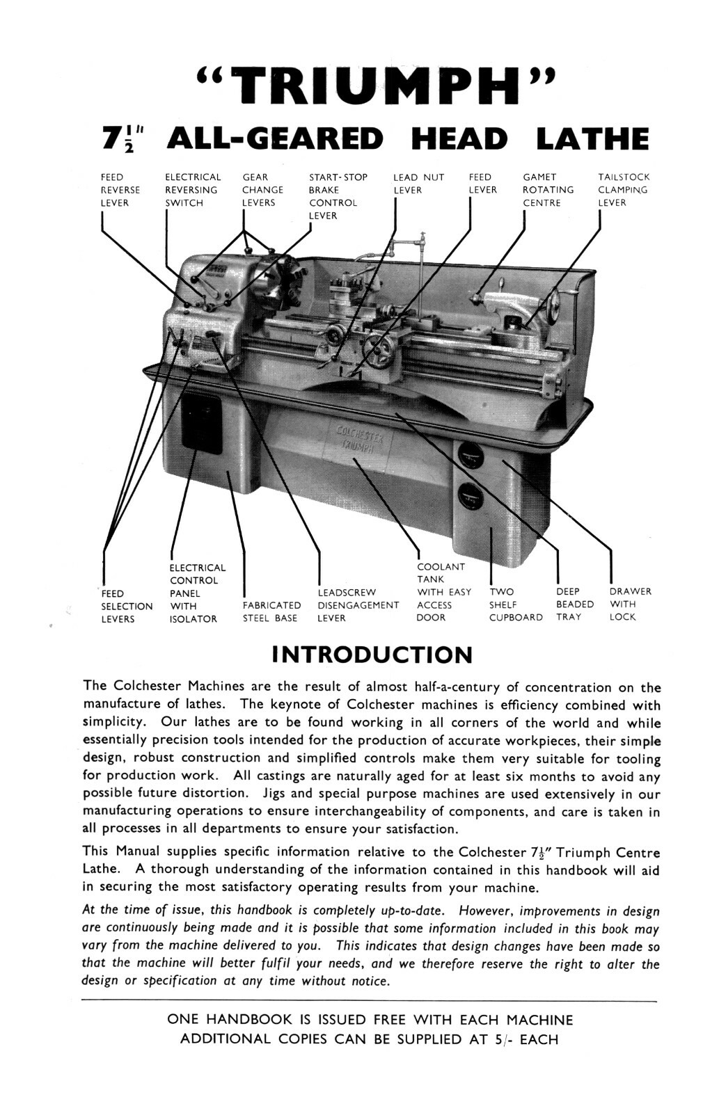 Colchester Triumph Lathe 7-1/2″ Center Instruction & Spare Parts Manual #691