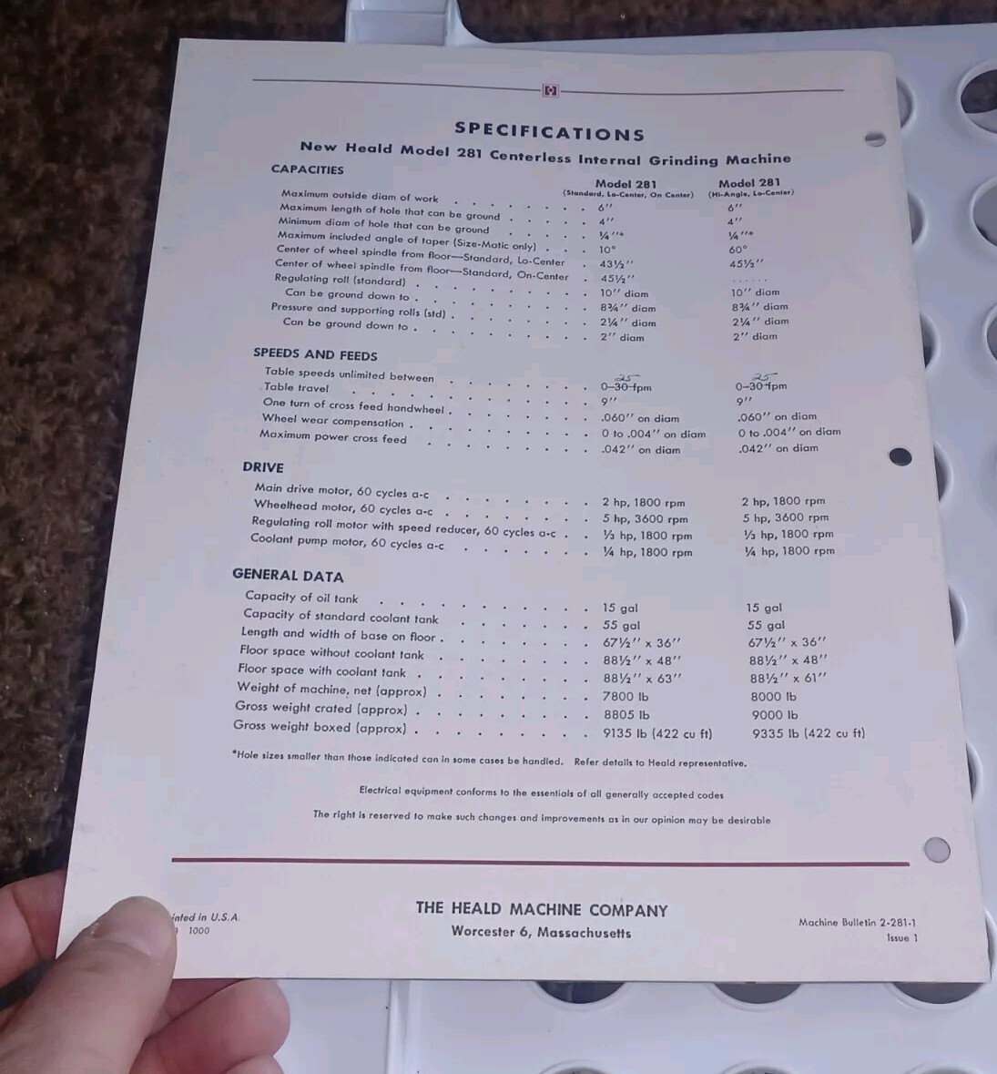 HEALD COMPANY Sales Catalog MODEL 281 Centerless Internal GRINDING MACHINE Vtg