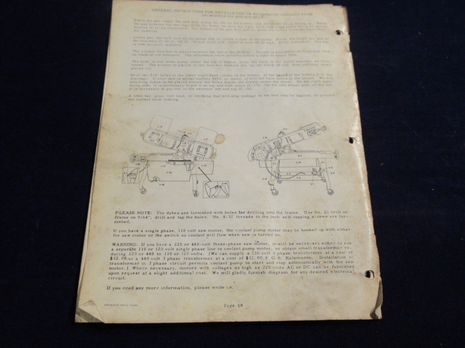 Kalamazoo Service & Parts Model 8C Metal Cutting Bandsaw Manual Q626