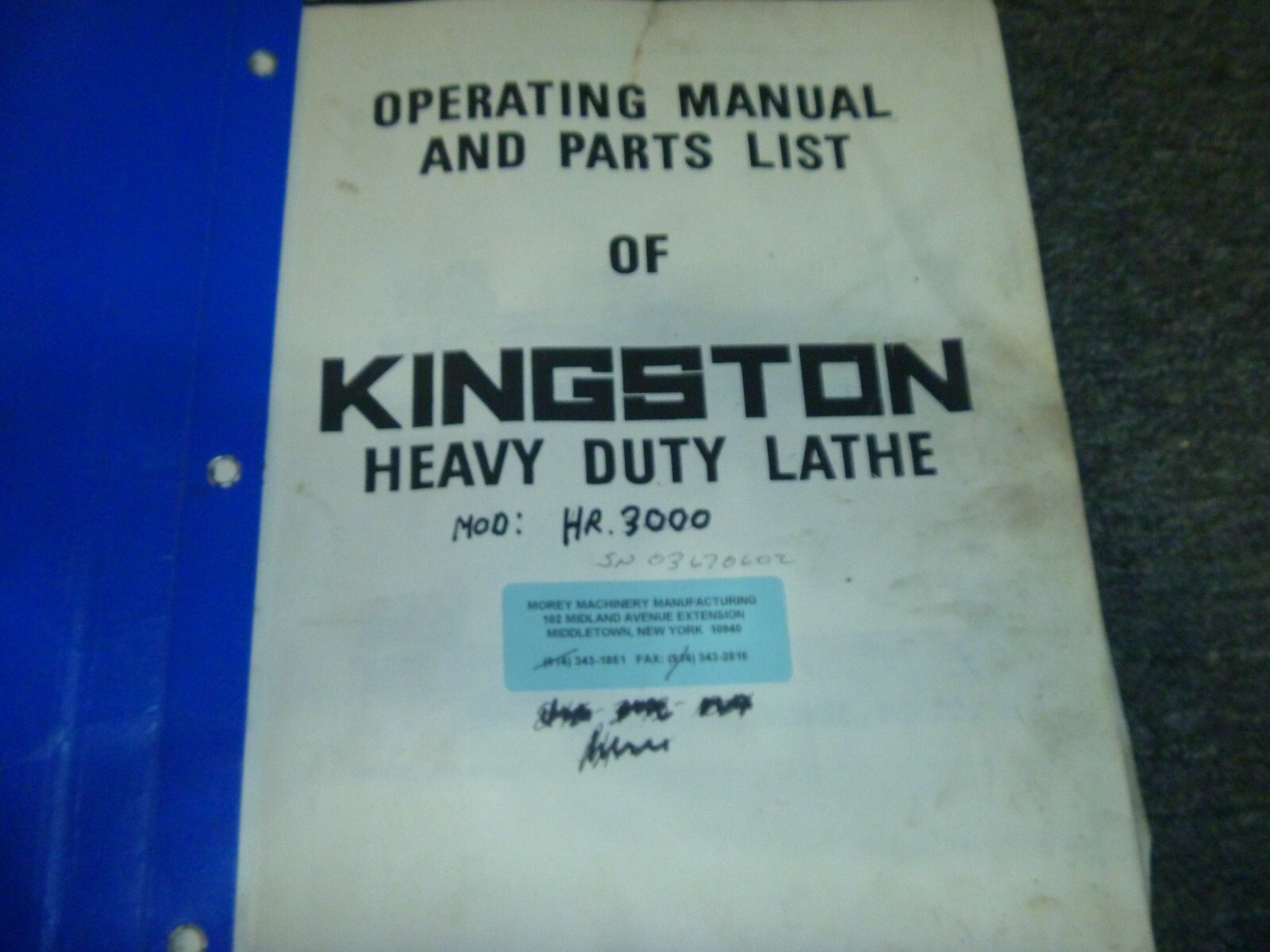 Kingston HR3000 Heavy Duty Lathe Parts Catalog List & Owner Operator Manual