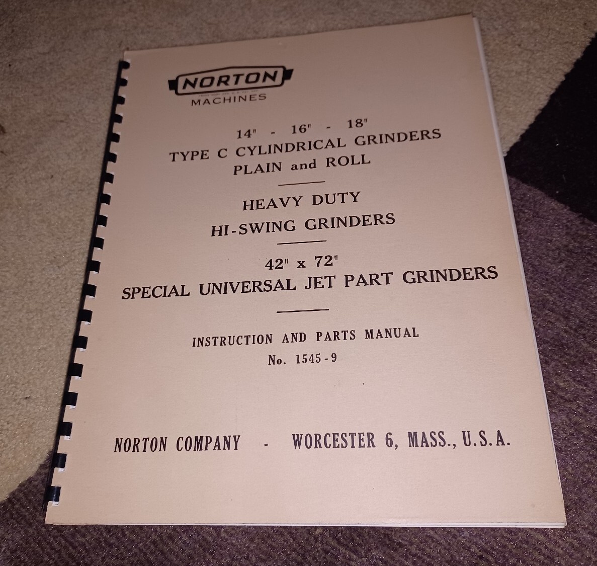 NORTON 14 16 18 Type C Cylindrical GRINDERS Instruction Parts Manual 1545-9 Book