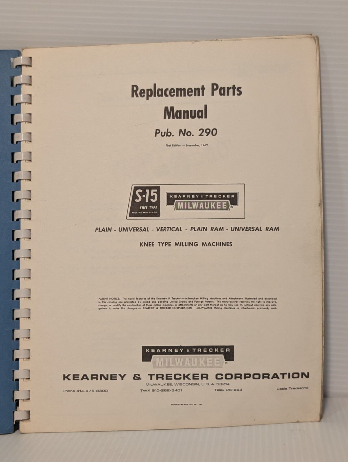 Kearney & Trecker Pub No 290 Replacement Parts Manual S-15 Milling Machines