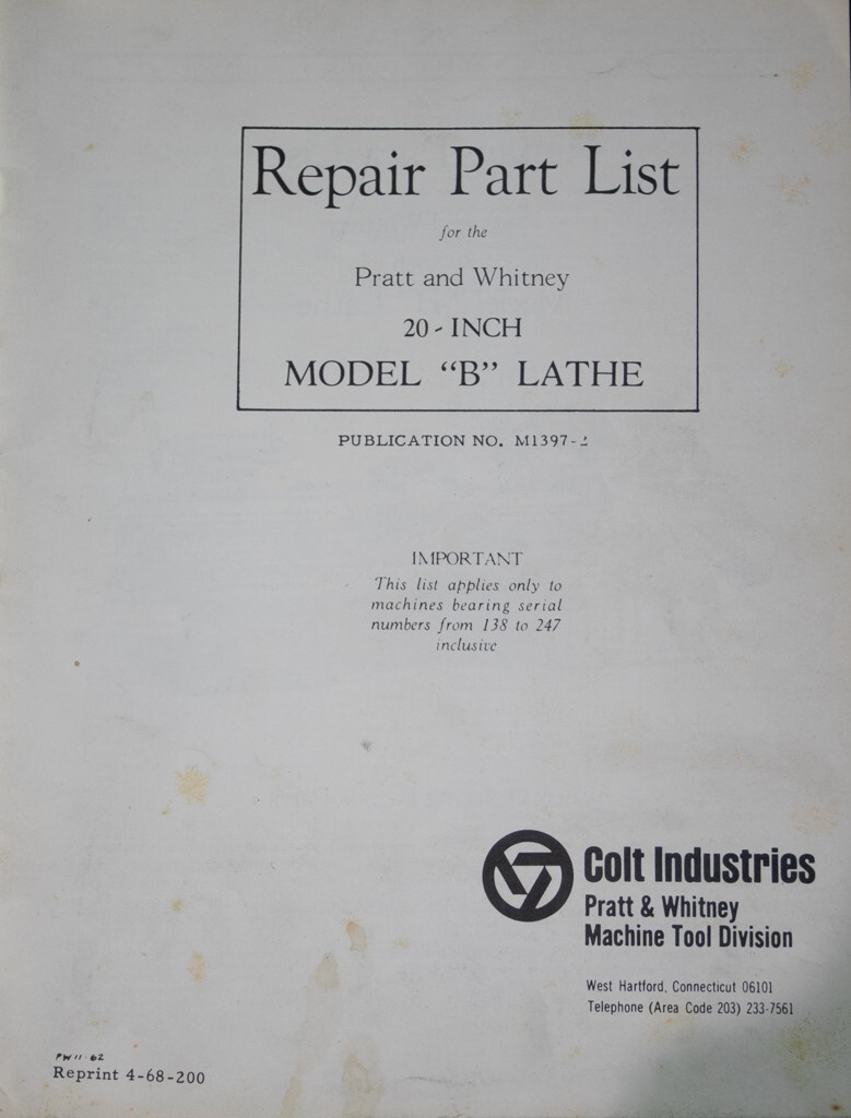 PRATT & WHITNEY 20 inch Model B Lathe Parts Manual