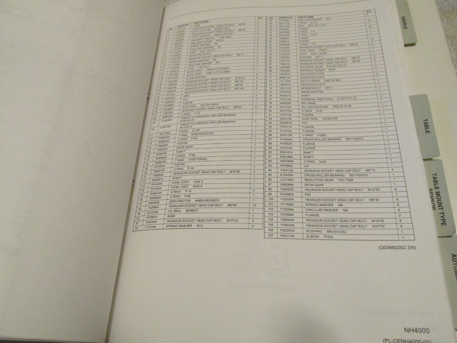 FACTORY MORI SEIKI Machine CNC MACHINING CENTER NH4000 PARTS-LIST MANUAL BOOK