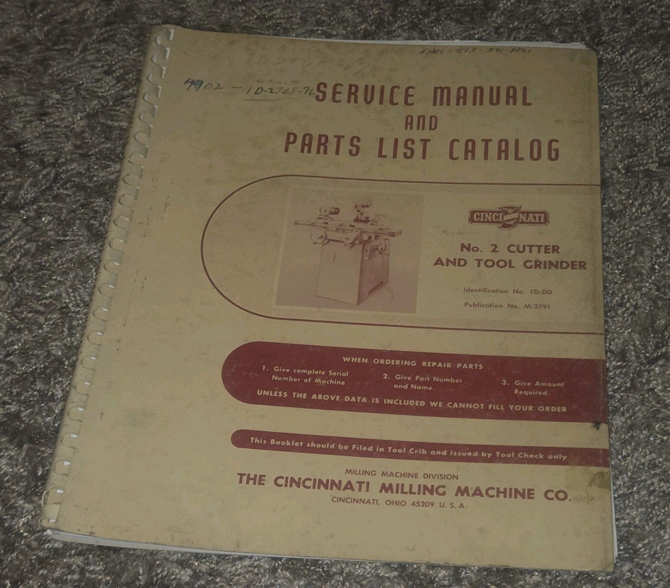 Cincinnati No.2 Cutter and Tool Grinder Service Manual Parts List Catalog Book