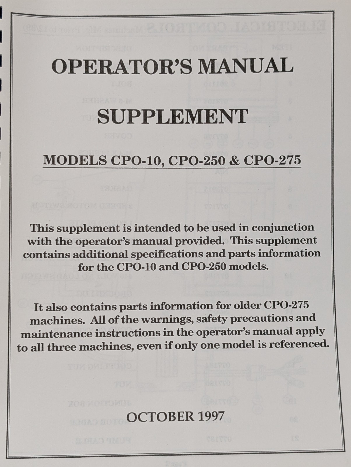 Scotchman Industries Model CPO-275 Cold Saw 1997 Operator’s Manual w/ Supplement