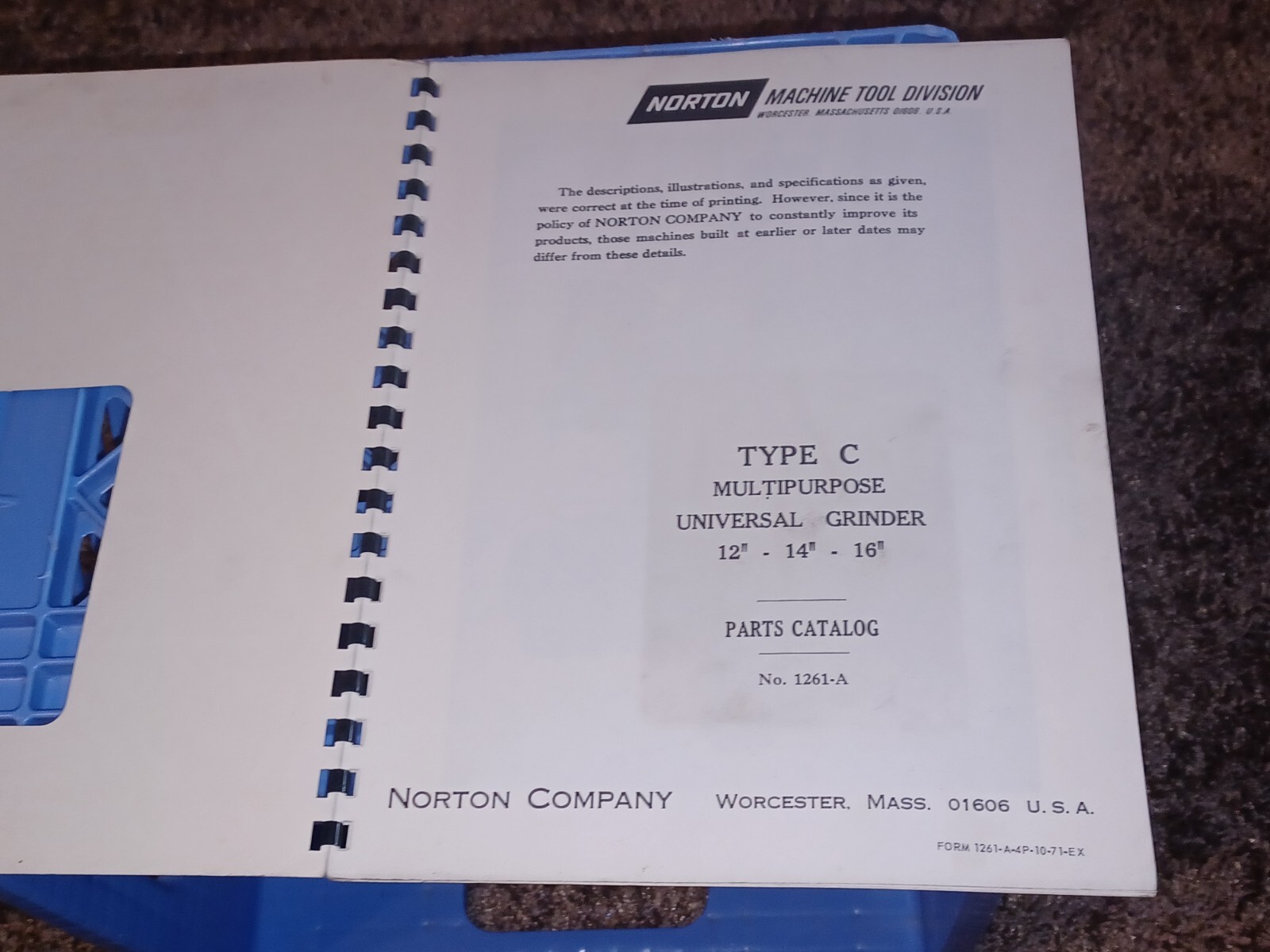 NORTON 12/14/16″ Type C Universal GRINDERS Parts Catalog Manual 1261-a Book