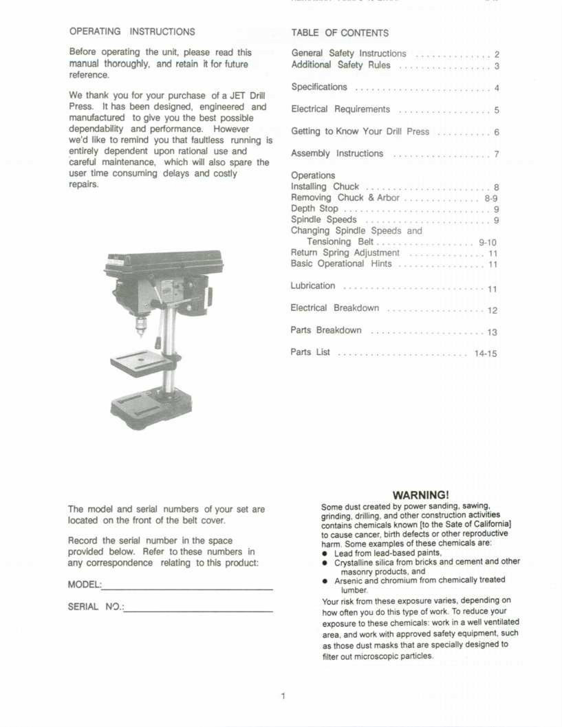 Jet JDP-8 Drill Press Operator & Parts List Manual *231