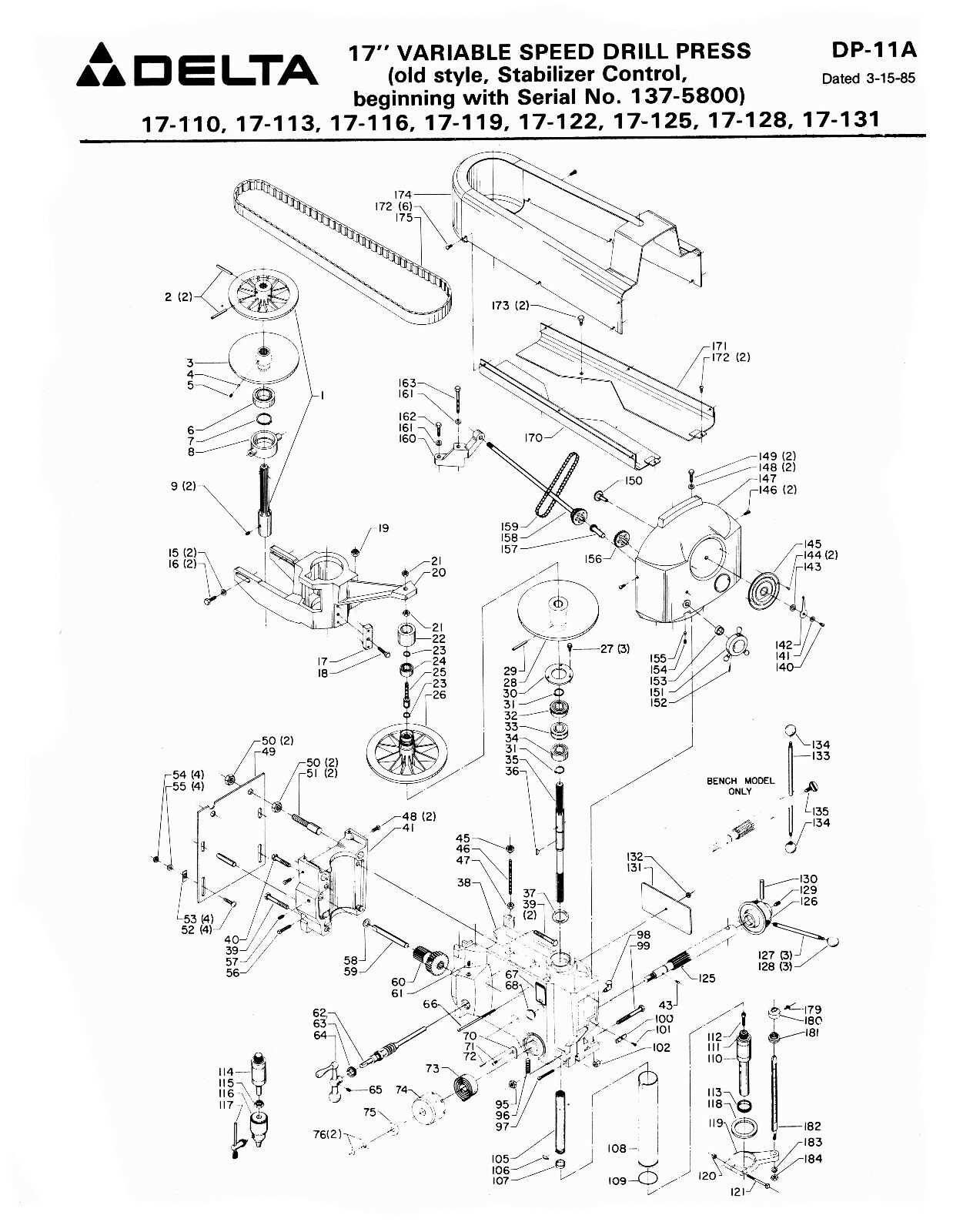 Rockwell-Delta 17″ Vari Speed Drill S/N:137-5800 up Op & Parts List Manual *1130