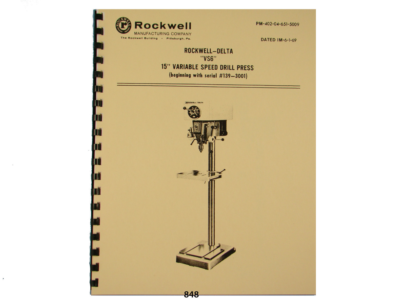 Rockwell Delta 15″ VS6 Variable Speed Drill Press Operation & Parts Manual *848
