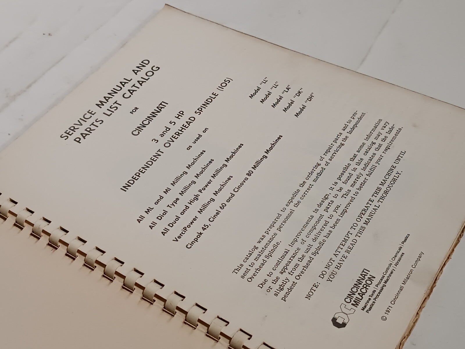 Cincinnati Milacron 3 & 5 HP Independent Overhead Spindle Service, Repair Manual
