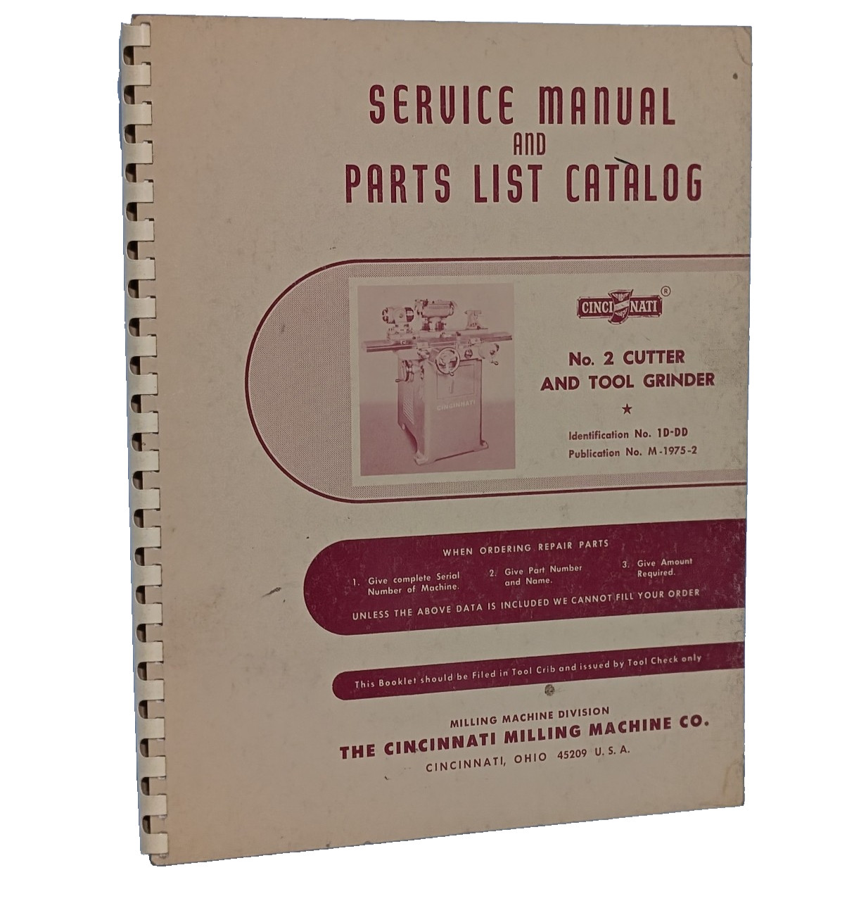 Cincinnati No. 2 LL Cutter & Tool Grinder Service Manual and Parts List Catalog