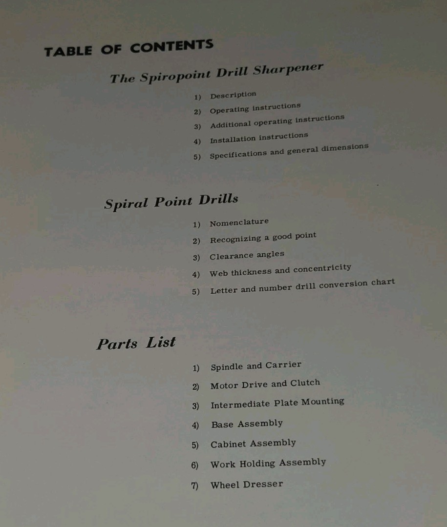 Cincinnati Spiropoint Drill Sharpener Operating Instructions & Service Manual
