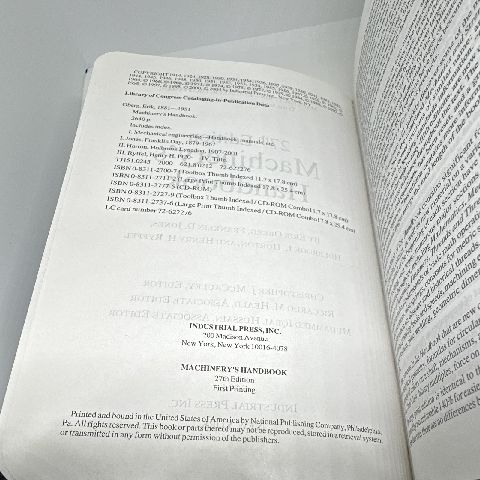 Industrial Press Machinery’s Handbook 27th Edition Hardcover Mechanical Book