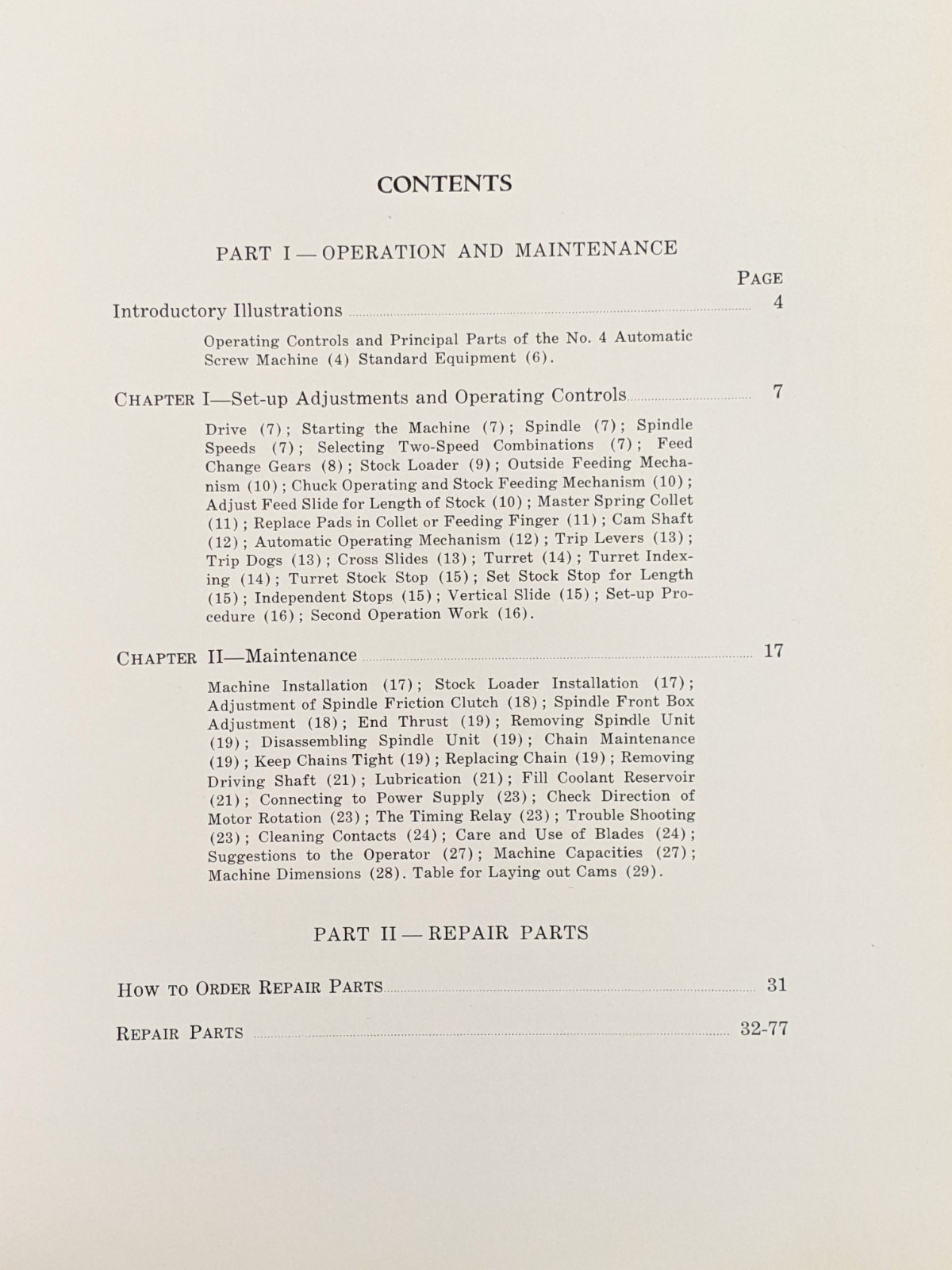 Brown & Sharpe No. 4 Automatic Screw Machine Manual, Operation Parts Maintenance