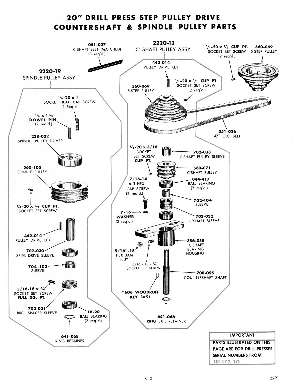 Clausing 20″ Drill Press Step Pulley Series 22S-1 Instruct & Parts Manual #1875