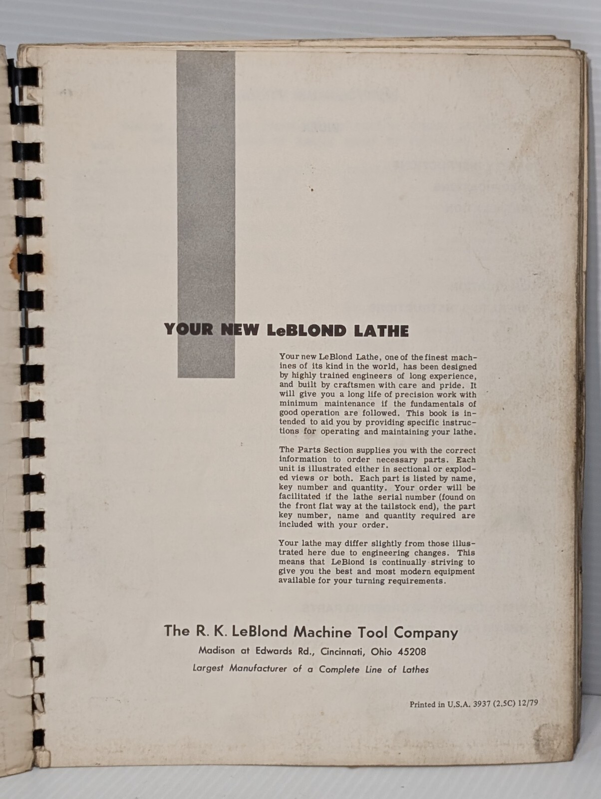 LeBlond Machine Tool NF 3220 Heavy Duty Lathe Instruction & Parts Manual No.3937
