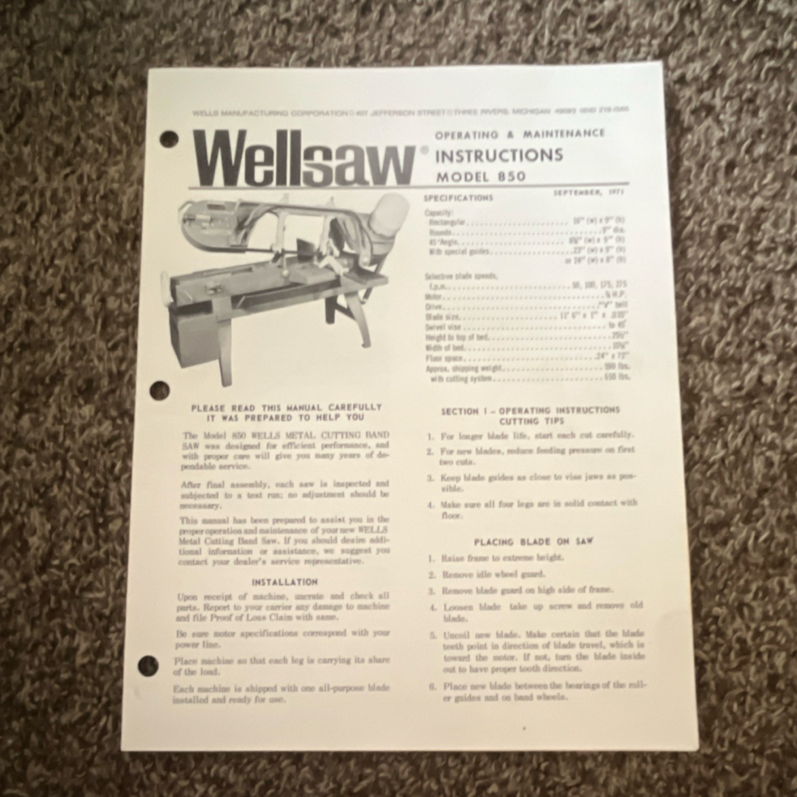 Wellsaw 850 Metal Cutting Band Saw Instruction Manual Parts & Safety Ops