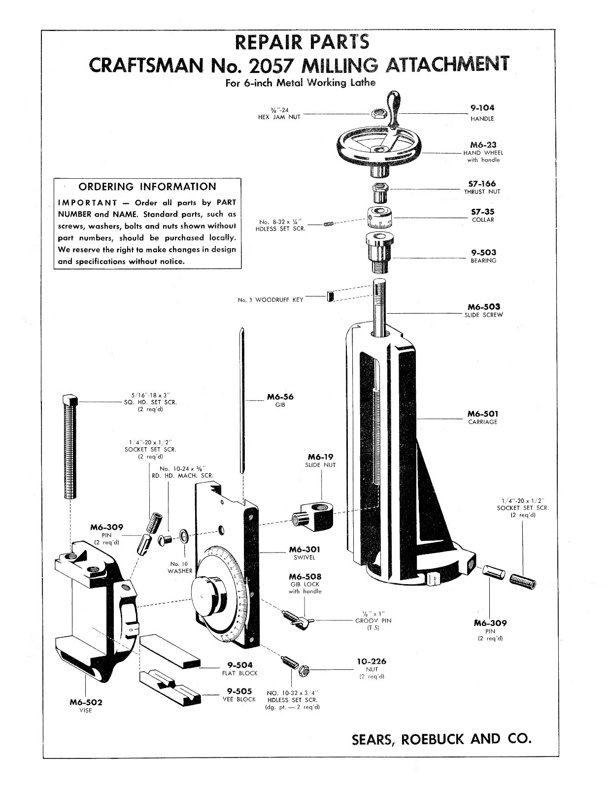 Sears Craftsman 6″ Lathe 101.21270 Operating Instructions & Parts Manual #1060