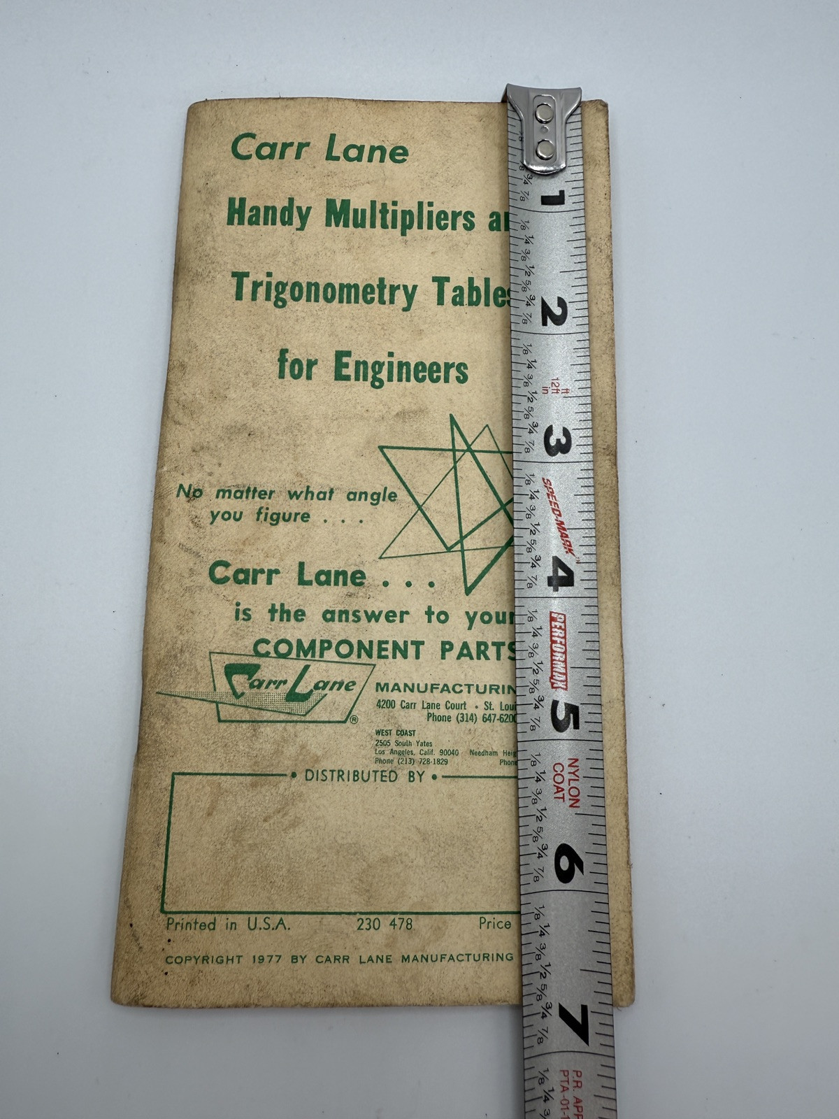 Carr Lane Trigonometry Tables Handy Reference Data for Engineers Vintage 1974