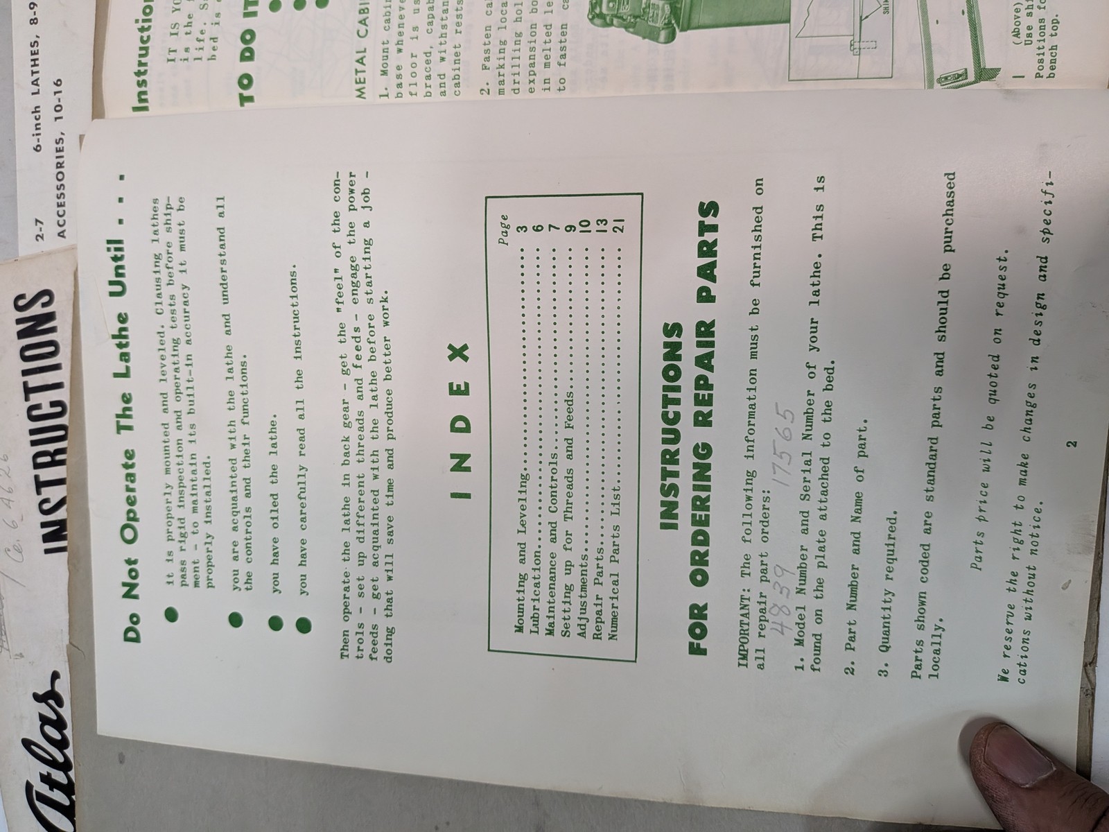 Atlas Clausing 4800 Series 12in Lathe Manuals Parts List Lot Model 4839