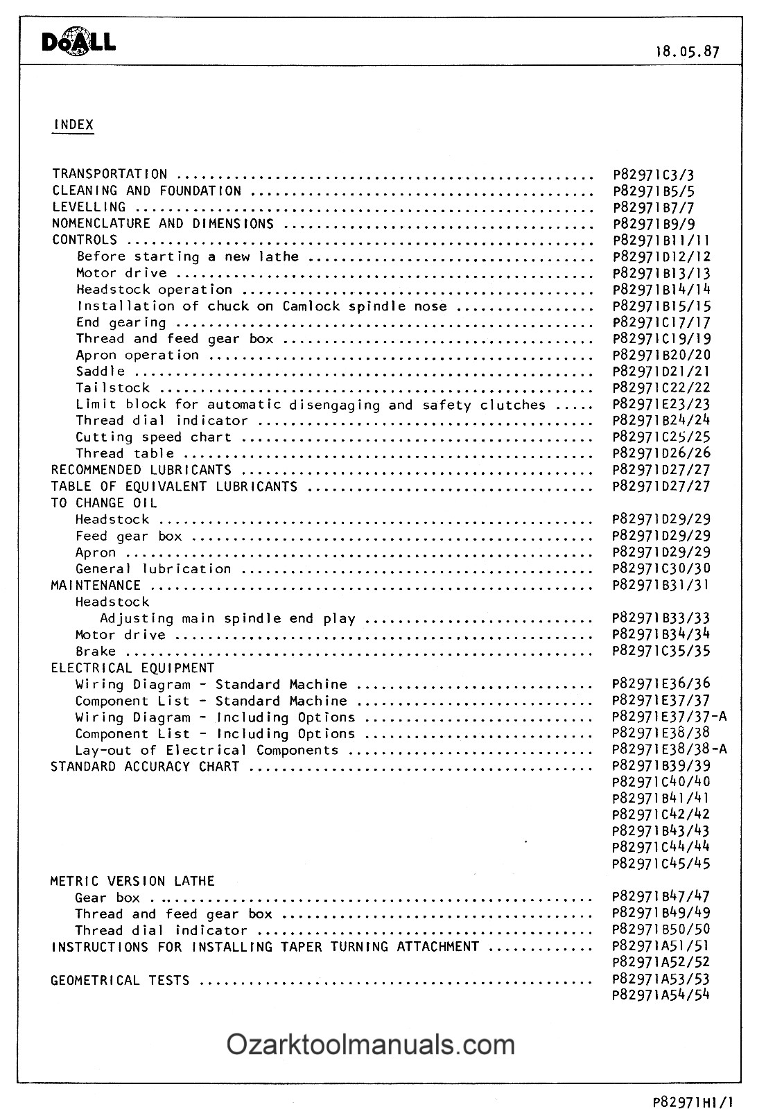 DoALL-ROMI 13 inch Metal Lathe Owners Operators Service Parts Manual LD1340 0278