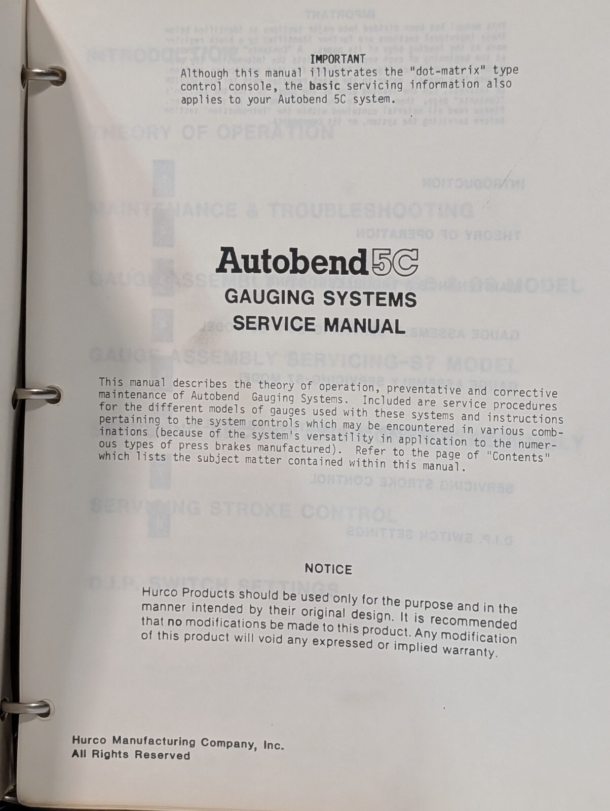 Hurco Autobend 5C Single Axis Press Brake Gauging System Owner’s Manual, Vol. 2