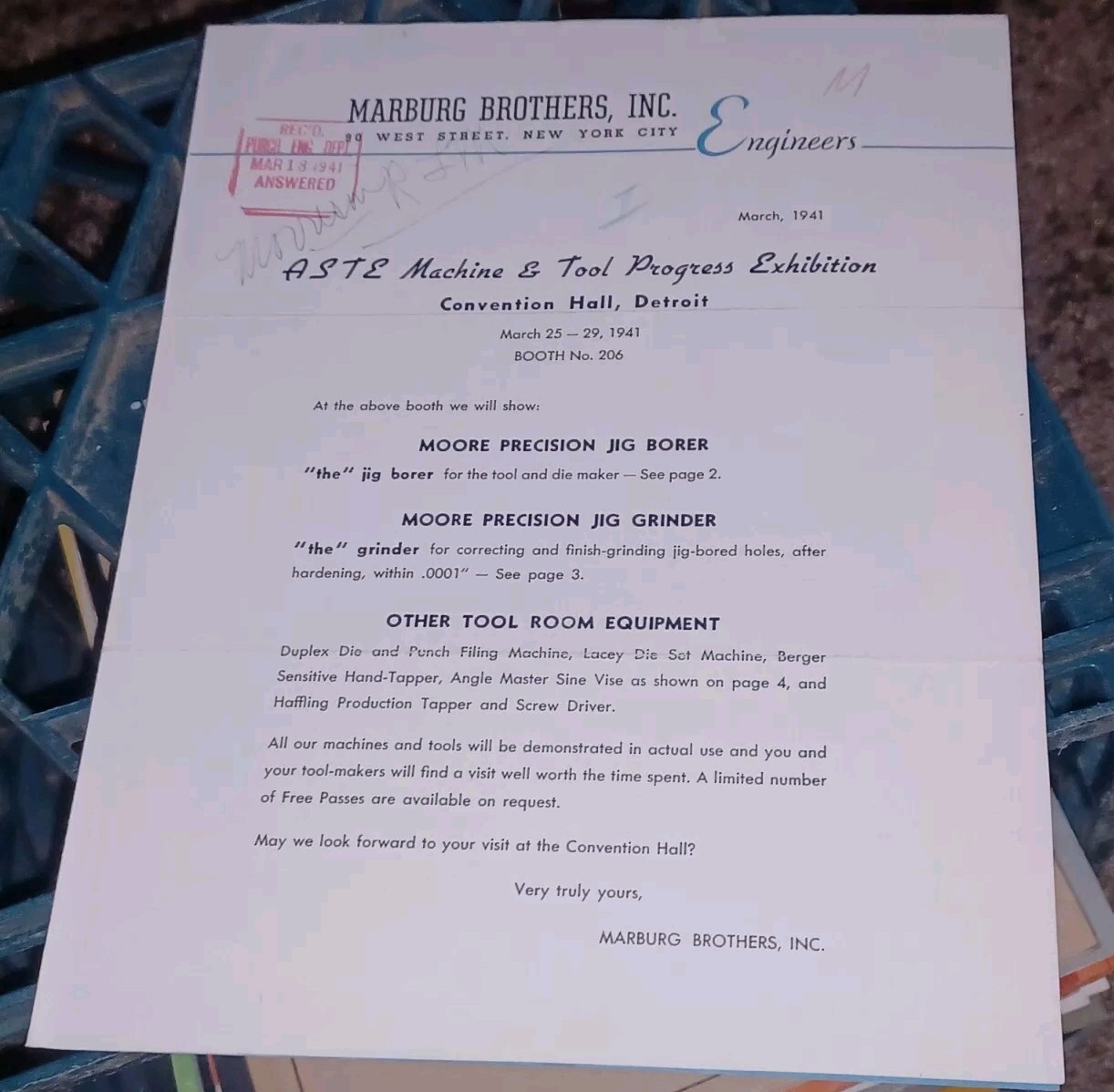 MOORE JIG BORER GRINDER MACHINE EXPO TOOL SHOW 1941 DETROIT MI Marburg Brothers