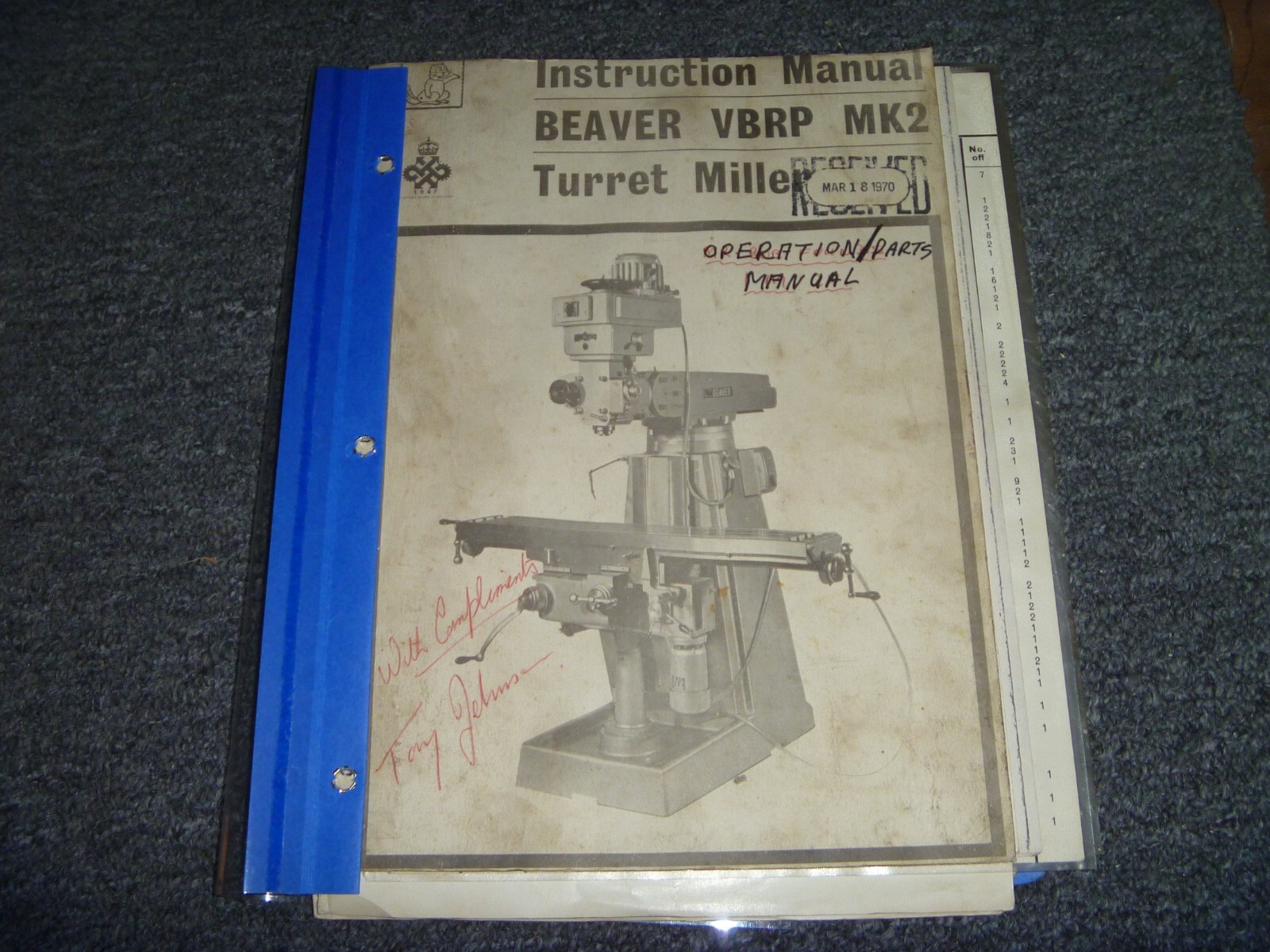 Beaver VBRP MK2 Turret Milling Machine Parts Catalog & Owner Operator Manual