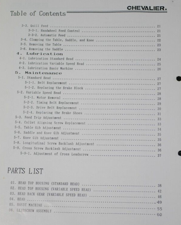 Chevalier Falcon FM-3VK FM-2SK Mill Milling Machine Operations & Parts Manual