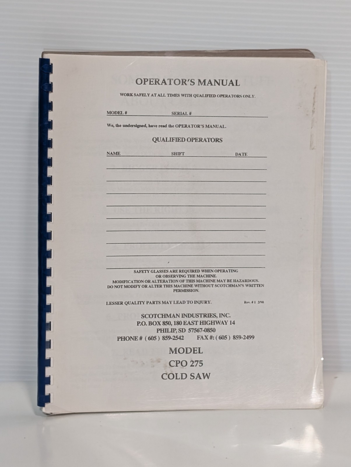 Scotchman Industries Model CPO-275 Cold Saw 1997 Operator’s Manual w/ Supplement